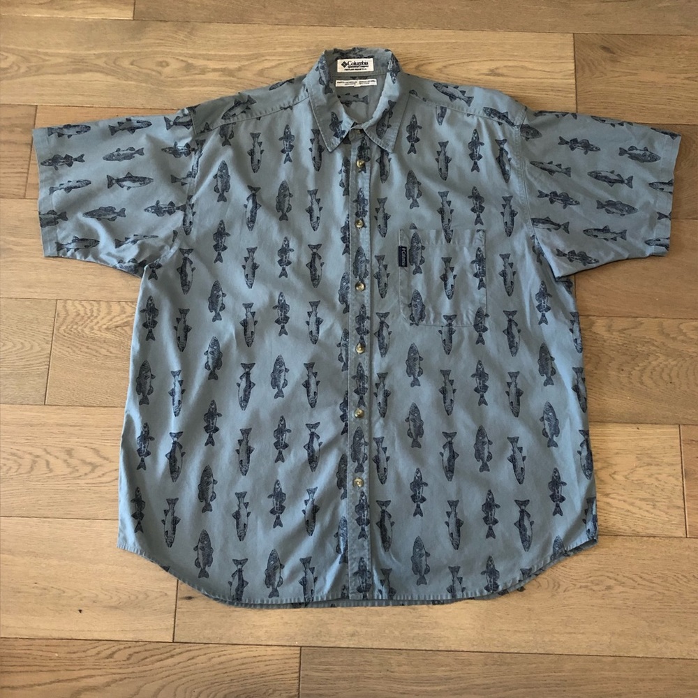 Columbia Button Down Short Sleeve Shirt Sz XL Green Fish Trout Print Cotton